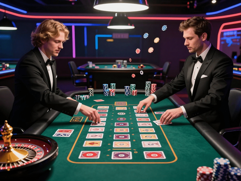 Hình Ảnh Minh Họa Sunwin So Với 68 Game Bài 2026: Hai Dealer Live Casino Đối Đầu Chia Bài Tại Bàn Chơi Sôi Động Với Roulette Và Ánh Sáng Neon Rực Rỡ Hình ảnh minh họa sunwin so với 68 game bài 2026: Hai dealer live casino đối đầu chia bài tại bàn chơi sôi động với roulette và ánh sáng neon rực rỡ