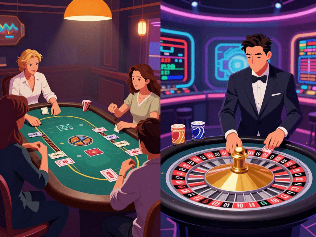 Hình Minh Họa So Sánh Sunwin So Với Ku Casino 2026 Qua Bàn Chơi Bài Truyền Thống Bên Trái Và Dealer Casino Trực Tuyến Bên Phải, Ánh Sáng Neon Rực Rỡ Hình minh họa so sánh Sunwin so với Ku Casino 2026 qua bàn chơi bài truyền thống bên trái và dealer casino trực tuyến bên phải, ánh sáng neon rực rỡ