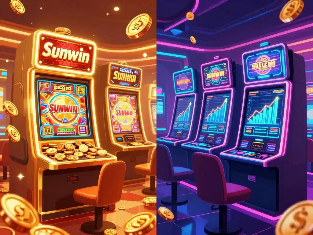 Hình Ảnh Minh Họa So Sánh Sunwin Và Casino Quốc Tế 2026 Với Máy Slot Vàng Đổ Tiền Thưởng Bên Trái, Biểu Đồ Hiệu Suất Tăng Bên Phải, Ánh Sáng Neon Rực Rỡ Hình ảnh minh họa so sánh sunwin và casino quốc tế 2026 với máy slot vàng đổ tiền thưởng bên trái, biểu đồ hiệu suất tăng bên phải, ánh sáng neon rực rỡ